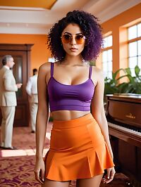 A sultry brunette in a purple crop top and orange microskirt dominates the banquet hall