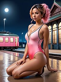 A statuesque woman in a pink swimsuit stands on the moonlit platform surrounded by quiet darkness