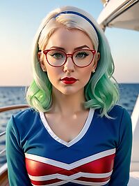 A 35 year old woman with blonde hair and green eyes is on a yacht at dawn