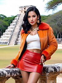 A stunning woman with black hair and brown eyes strolls through ancient Chichen Itza in evening light